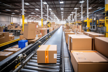 Naklejka premium Logistics station with automatic conveyor belt Efficient conveyor belts for moving cardboard carton packages in busy warehouse fulfillment centers.