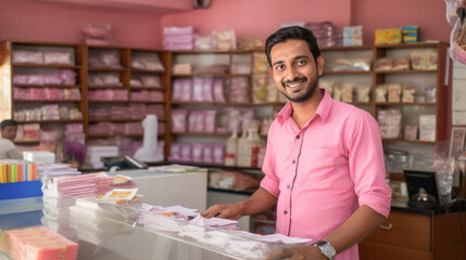 Young indian small business owner standing at his own shop - obrazy, fototapety, plakaty