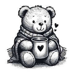 cute teddy bear with a mug and blanket vector sketch - obrazy, fototapety, plakaty