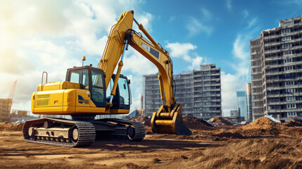 Yellow excavator or backhoe is digging soil and working on construction site. Heavy duty construction equipment in the workplace - obrazy, fototapety, plakaty
