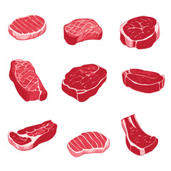 A set of raw fresh meat pieces for steaks, vector illustration.