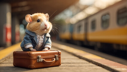 Cute funny cartoon hamster in clothes with a suitcase on the platform comedian