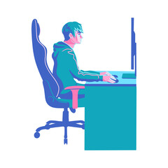 Vector illustration of a young guy sitting in front of his computer.