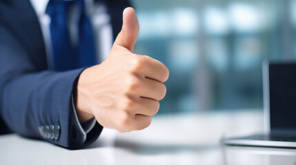 Man in a business suit giving a thumbs-up gesture.