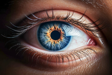 Close up of eye iris on black background, macro, photography.
