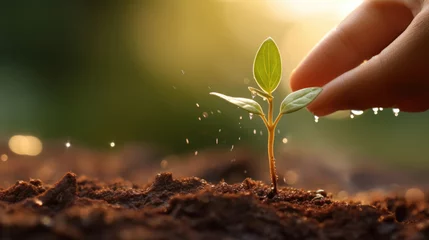 Deurstickers Young plant with green leaves being gently touched by a hand, with water droplets falling on it from the fingertips, against an earthy background. © MP Studio