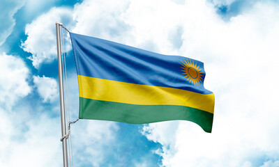Rwanda flag waving on sky background. 3D Rendering