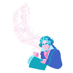 Stylized portrait of famous German composer and pianist of the past centuries in a cartoon style.