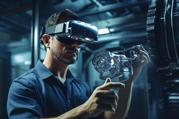 Technician wearing a virtual reality headset, VR glasses goggles headset