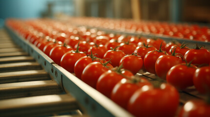 Obraz premium tomatoes on a conveyor belt created with Generative Ai