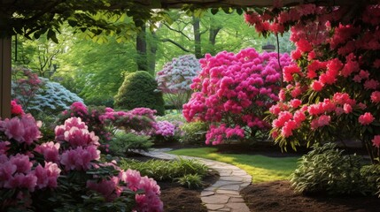 A serene garden blooms with an array of vibrant flowers.