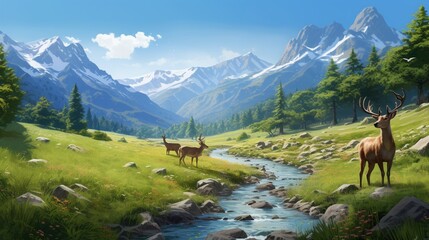 A serene mountain meadow, with grazing deer and a gentle stream meandering through the green grass. - obrazy, fototapety, plakaty