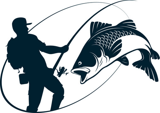 recommend clip art: Fisherman with a fishing rod and a big fish on the line, symbol for fishing