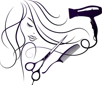 recommend clip art: Girl curls hair and scissors comb hairdryer. Design for elephant beauty and hair salon