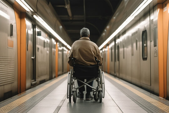 A banner with a picture of a man in a wheelchair rides along the platform between subway trains, the concept of life for people with special needs. 