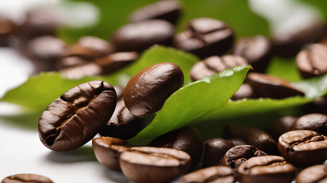 Roasted coffee beans and leaves,Green Coffee Been Photo,heart shaped roasted coffee beans and leaves, fair trade concept image isolated on wooden background
