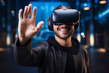 Man wearing a virtual reality headset interacting with hand, VR glasses goggles headset