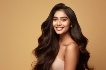 Beautiful woman with shiny hair on yellow background.