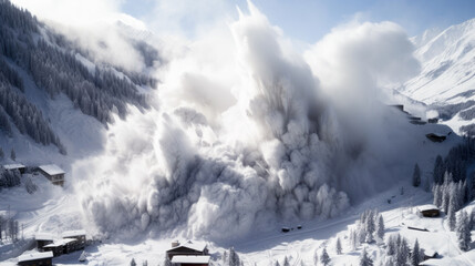 Huge snow avalanche at a ski resort in the mountains