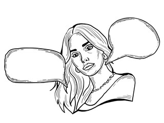 Beautiful young woman talk. Empty speech bubble for sale promotion, text background, quotes. Hand drawn illustration, cartoon comic style.