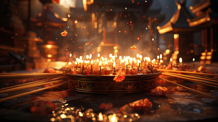 Joss sticks burning in a Chinese Taoist temple, creating a mystical atmosphere