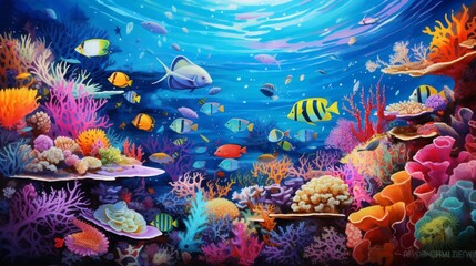 A vibrant coral reef teeming with marine life, just beneath the surface of the clear tropical waters. 