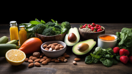 Fototapeta na wymiar Variety of healthy foods including a fillet of salmon, avocados, nuts, leafy greens, and other vegetables