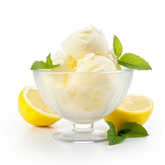 Delicious Bowl of Lemon Sorbet Isolated  on white Background - obrazy, fototapety, plakaty