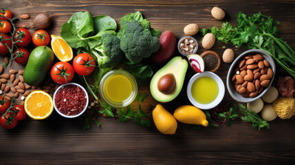 Variety of healthy foods including a fillet of salmon, avocados, nuts, leafy greens, and other vegetables - obrazy, fototapety, plakaty