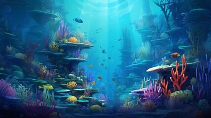 A vibrant coral reef teeming with marine life, with colorful fish swimming among coral formations.