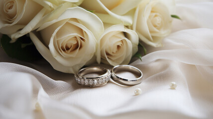 beautiful bridal bouquet of roses, wedding flowers on white fabric background