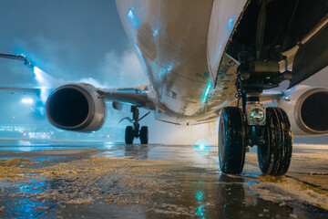 Selective focus on landing gear of airplane during deicing before take off. Winter frosty night and...