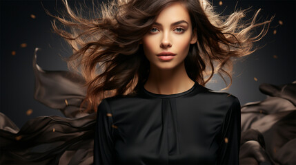 young woman in a black evening dress with beautiful flowing hair on a dark background .beauty and fashion content - Powered by Adobe