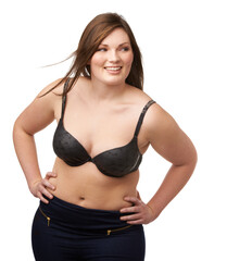 Obraz premium Thinking, smile and bra with a plus size woman in studio isolated on a white background for body positivity. Idea, vision and a happy young model looking natural or confident in her underwear