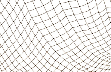 Icy mesh made of rope in the snow on a white background. Torn fishing, football, tennis net isolate