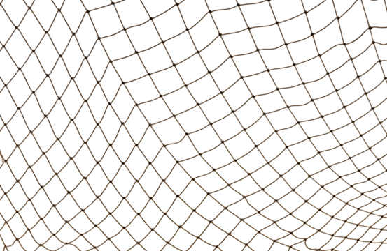 Icy mesh made of rope in the snow on a white background. Torn fishing, football, tennis net isolate