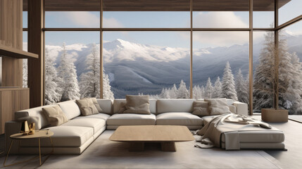 Modern stylish living room with large windows and views of the winter landscape
