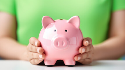 Woman holding Piggy bank with a blurred background