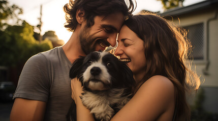 Smiling couple with dog enjoying a playful and warm moment during golden hour