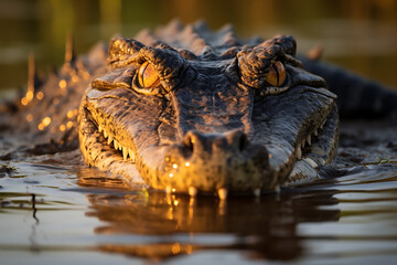 Naklejka premium Intense close-up of a crocodile's eyes and teeth at golden hour, emanating danger and wild majesty