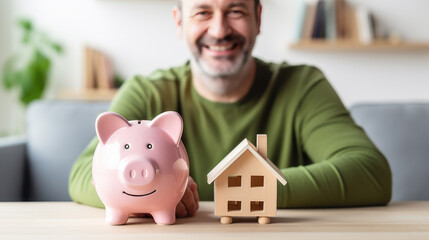 Piggy bank with a miniature house model on its back, cradled by a man's hands, symbolizing financial security in home ownership.