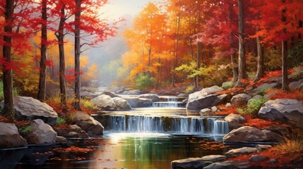 An immersive view of an autumn forest waterfall, its vibrant waters plunging into a pool surrounded