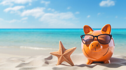 Fototapeta na wymiar Piggy bank wearing sunglasses on a sandy beach with a clear blue sky in the background