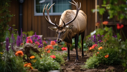 Majestic Elk Amidst Garden Blooms - A Peaceful Coexistence with Nature