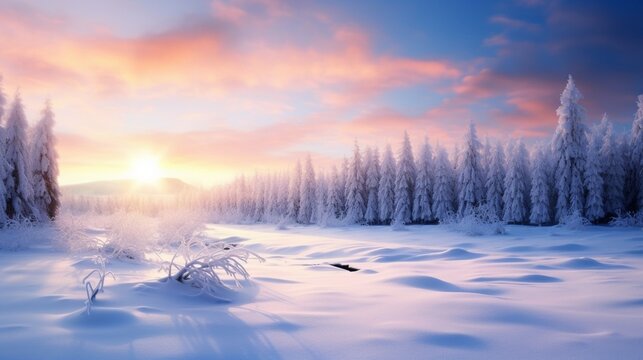 The first light of dawn breaks through the wintry sky, illuminating a forest blanketed in pristine snow.
