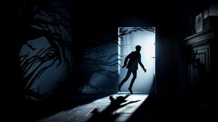 Silhouette of person standing in front of door in dark room.