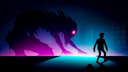 Man standing in front of giant monster in city at night.