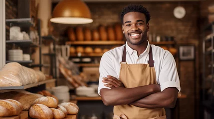 Gordijnen Photograph of a young African boy, smiling, wearing an apron, arms crossed in his bread business, bakery © Gloria
