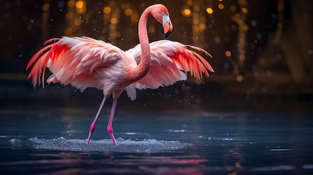 Elegant Pink Flamingo Wading in Serene Waters at Dusk
