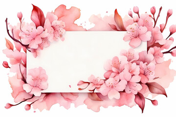 Fototapeta na wymiar Watercolor card with cherry blossoms. Postcard template with place for text
